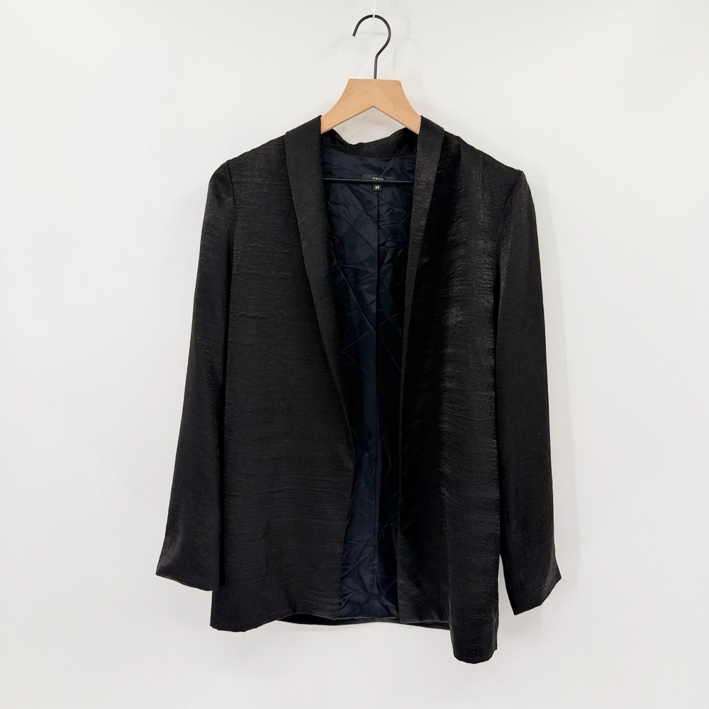Sophisticated Textured Satin Open Front‎ Black Blazer M Minimalist Contemporary